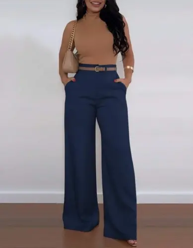 Kadın Yüksek Bel Geniş Paça Detaylı Cepli Ithal Krep Pantolon - BÜYÜKBEDENIZ (1)