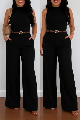 Kadın Yüksek Bel Geniş Paça Detaylı Cepli Ithal Krep Pantolon - 1