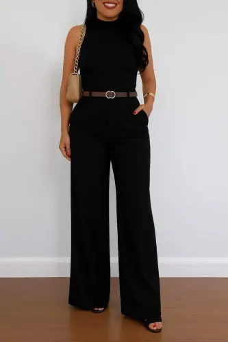 Kadın Yüksek Bel Geniş Paça Detaylı Cepli Ithal Krep Pantolon - BÜYÜKBEDENIZ (1)