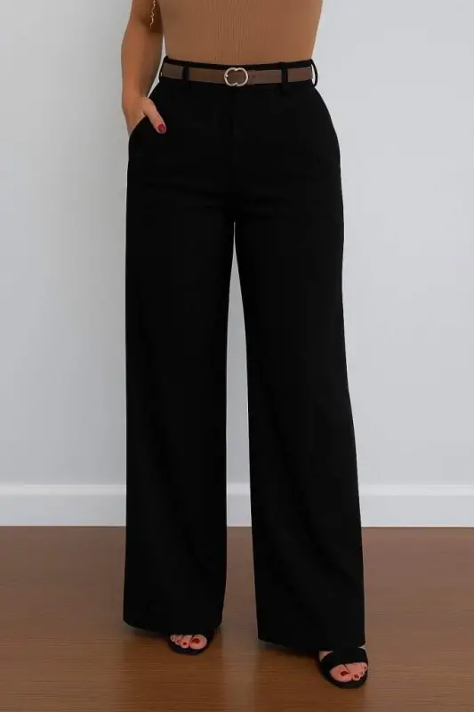 Kadın Yüksek Bel Geniş Paça Detaylı Cepli Ithal Krep Pantolon - 3