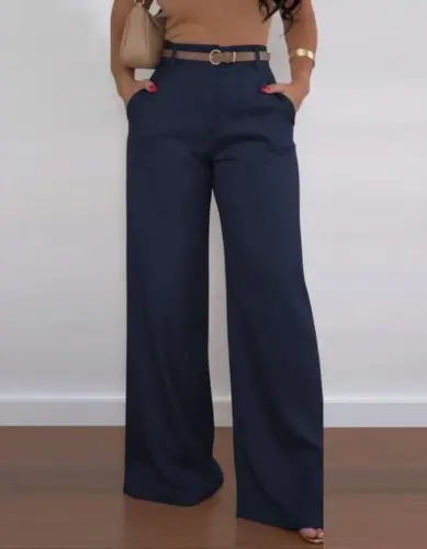 Kadın Yüksek Bel Geniş Paça Detaylı Cepli Ithal Krep Pantolon - 3