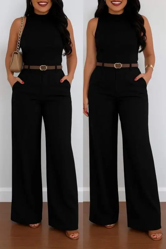 Kadın Yüksek Bel Geniş Paça Detaylı Cepli Ithal Krep Pantolon - BÜYÜKBEDENIZ