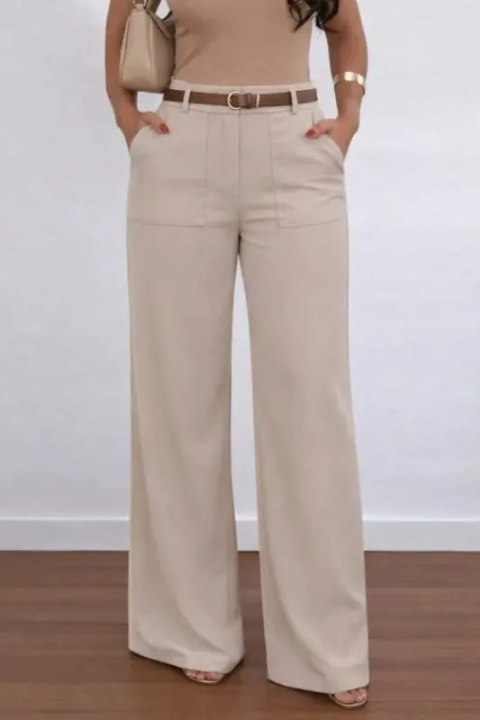 Kadın Yüksek Bel Geniş Paça Detaylı Cepli Ithal Krep Pantolon - 2