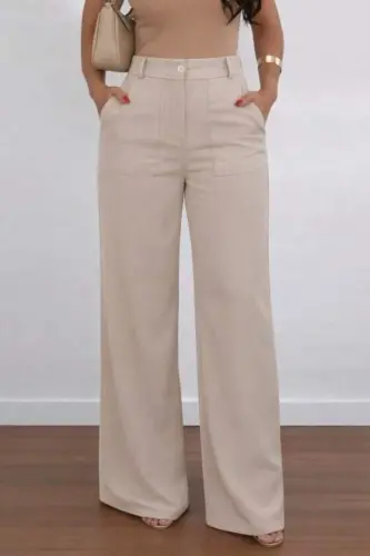 Kadın Yüksek Bel Geniş Paça Detaylı Cepli Ithal Krep Pantolon - 3
