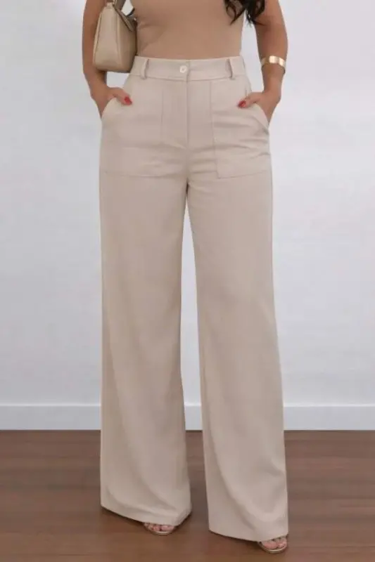 Kadın Yüksek Bel Geniş Paça Detaylı Cepli Ithal Krep Pantolon - 3