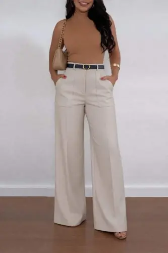 Kadın Yüksek Bel Geniş Paça Detaylı Cepli Ithal Krep Pantolon - 4