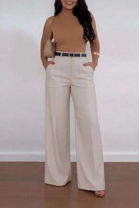 Kadın Yüksek Bel Geniş Paça Detaylı Cepli Ithal Krep Pantolon - 4
