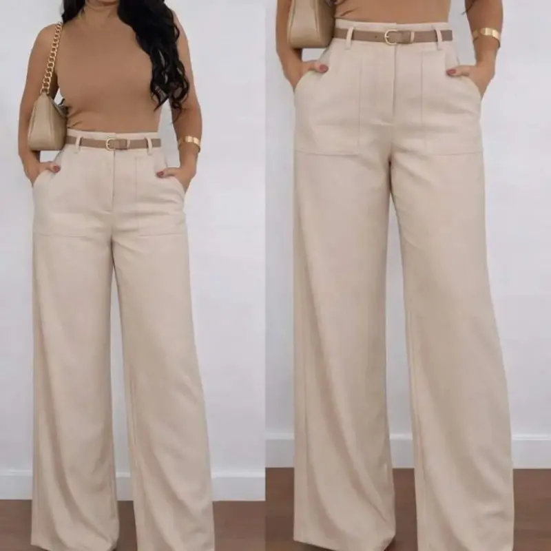 Kadın Yüksek Bel Geniş Paça Detaylı Cepli Ithal Krep Pantolon - BÜYÜKBEDENIZ