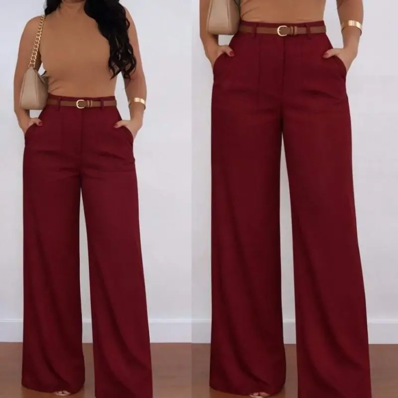 Kadın Yüksek Bel Geniş Paça Detaylı Cepli Ithal Krep Pantolon - 1