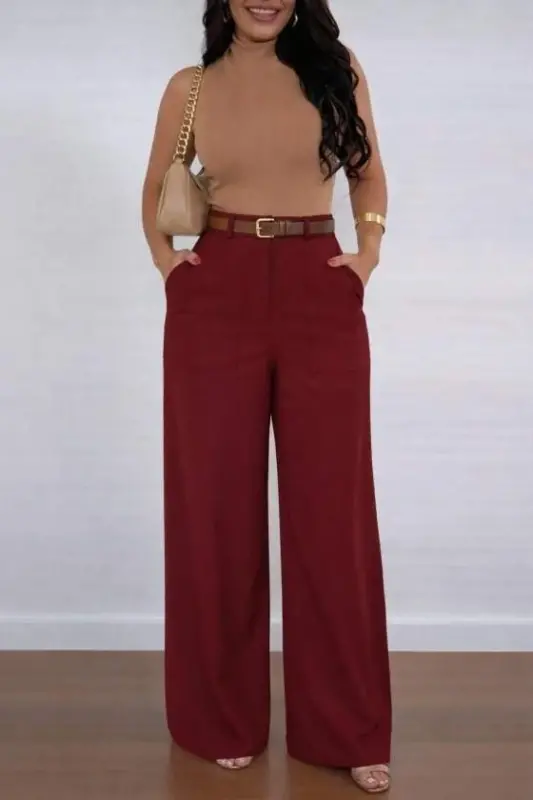 Kadın Yüksek Bel Geniş Paça Detaylı Cepli Ithal Krep Pantolon - 2