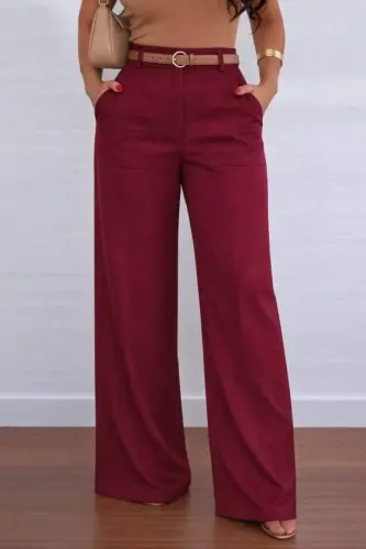 Kadın Yüksek Bel Geniş Paça Detaylı Cepli Ithal Krep Pantolon - 3