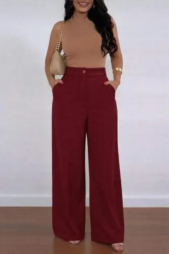 Kadın Yüksek Bel Geniş Paça Detaylı Cepli Ithal Krep Pantolon - 4