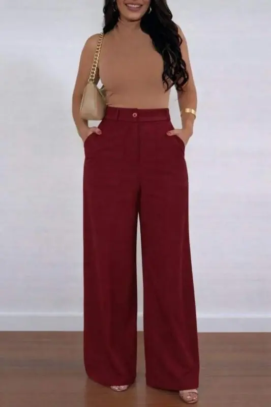 Kadın Yüksek Bel Geniş Paça Detaylı Cepli Ithal Krep Pantolon - 4