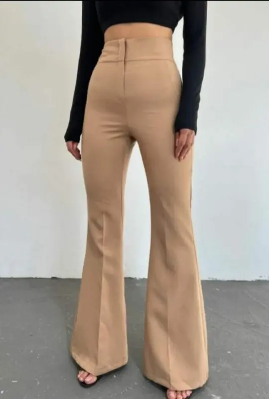 Kadın Yüksek Bel Ispanyol Paça Atlas Kumaş Pantolon - 1