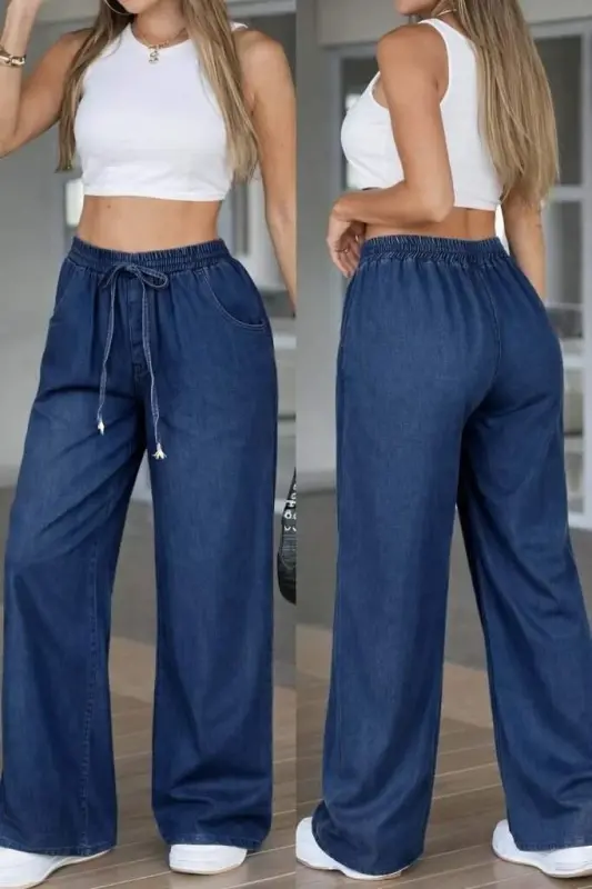 Kadın Yüksek Bel Lastikli Bağcıklı Kot Pantolon - BÜYÜKBEDENIZ