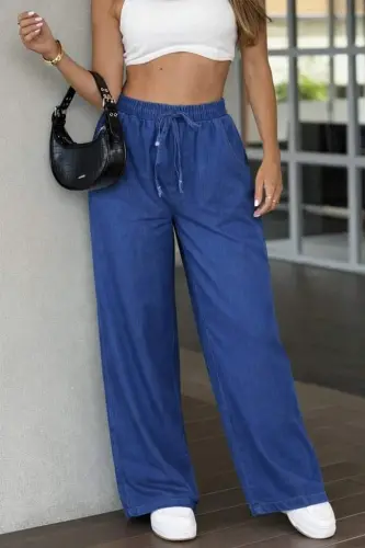 Kadın Yüksek Bel Lastikli Bağcıklı Kot Pantolon - 4