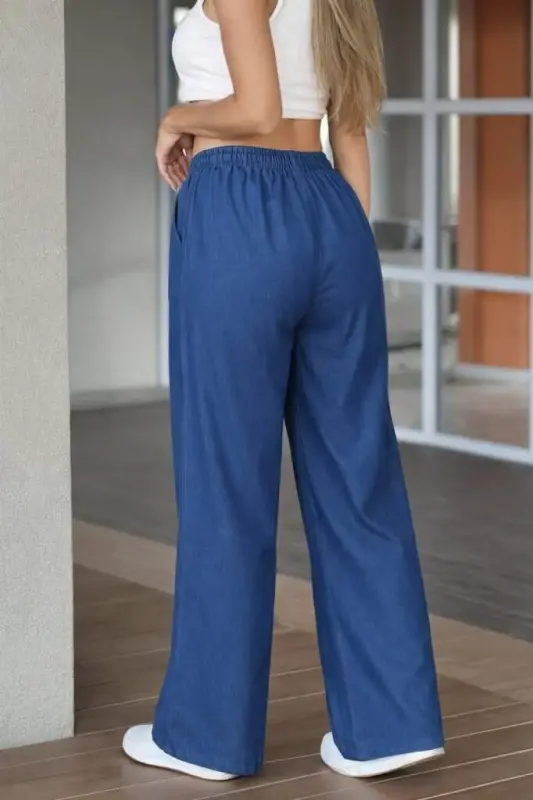 Kadın Yüksek Bel Lastikli Bağcıklı Kot Pantolon - 5