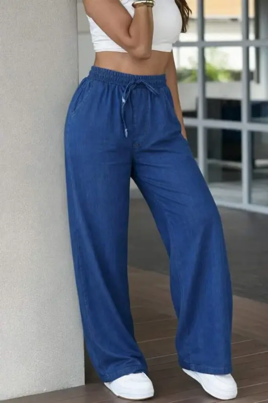 Kadın Yüksek Bel Lastikli Bağcıklı Kot Pantolon - 2