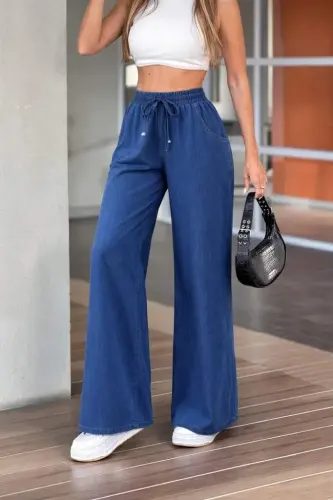 Kadın Yüksek Bel Lastikli Bağcıklı Kot Pantolon - 4