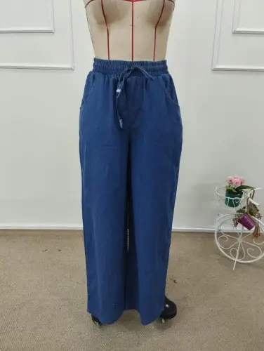 Kadın Yüksek Bel Lastikli Bağcıklı Kot Pantolon - 6