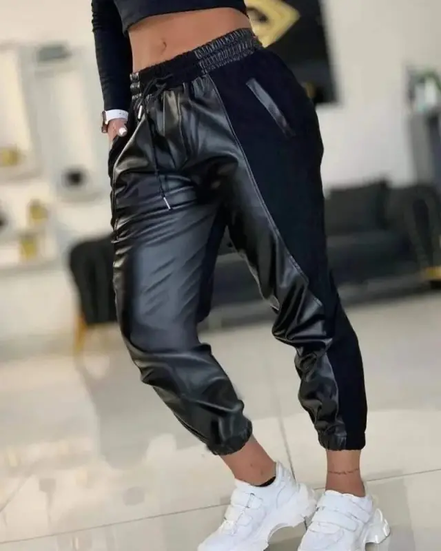 Kadın Yüksek Bel Lastikli Cepli Deri Detaylı Dalgıç Pantolon - 2