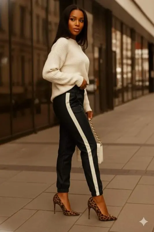 Kadın Yüksek Bel Lastikli Yan şerit Detaylı Deri Pantolon - 2