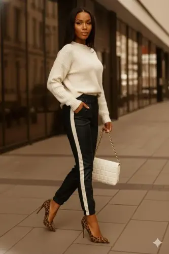 Kadın Yüksek Bel Lastikli Yan şerit Detaylı Deri Pantolon - 3