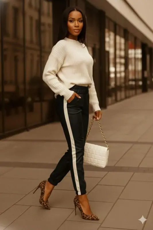 Kadın Yüksek Bel Lastikli Yan şerit Detaylı Deri Pantolon - 3