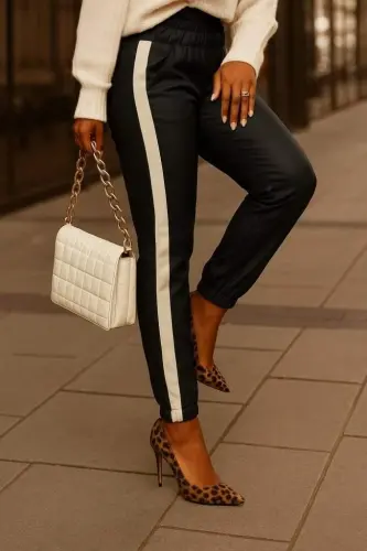 Kadın Yüksek Bel Lastikli Yan şerit Detaylı Deri Pantolon - 4