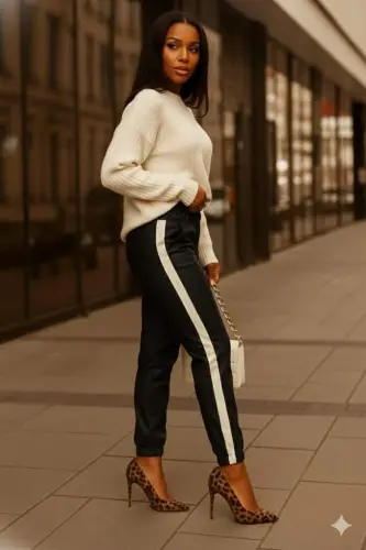 Kadın Yüksek Bel Lastikli Yan şerit Detaylı Deri Pantolon - BÜYÜKBEDENIZ (1)