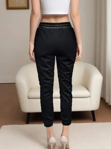 Kadın Yüksek Bel Lastikli Yanda Dantel Detaylı Bağcıklı Deri Pantolon - 3