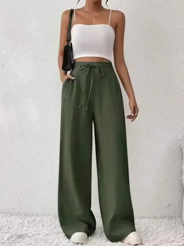 Kadın Yüksek Bel önden Bağlamalı Geniş Kesim Keten Pantolon - 1