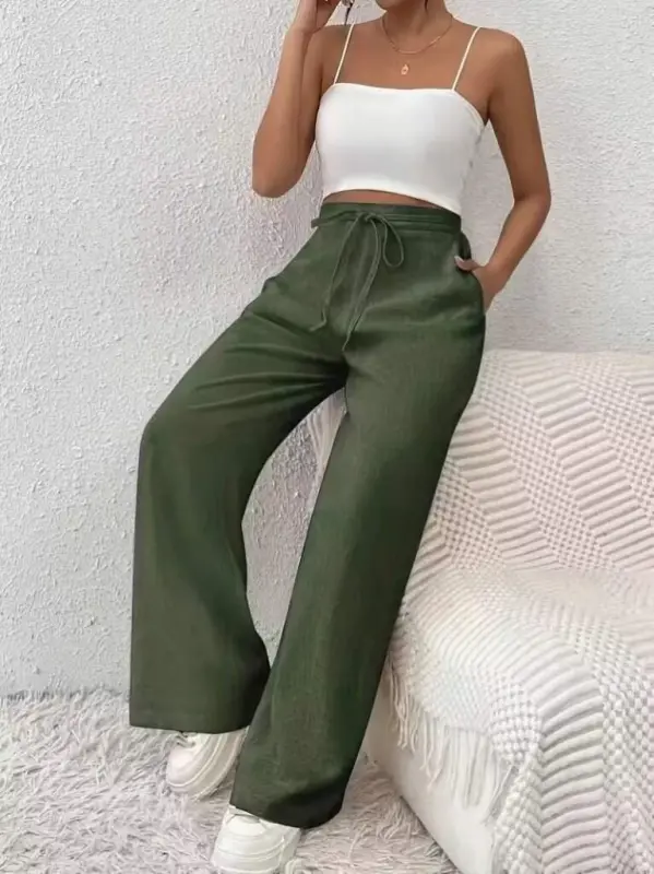 Kadın Yüksek Bel önden Bağlamalı Geniş Kesim Keten Pantolon - 2