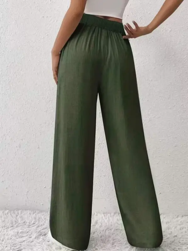 Kadın Yüksek Bel önden Bağlamalı Geniş Kesim Keten Pantolon - 3