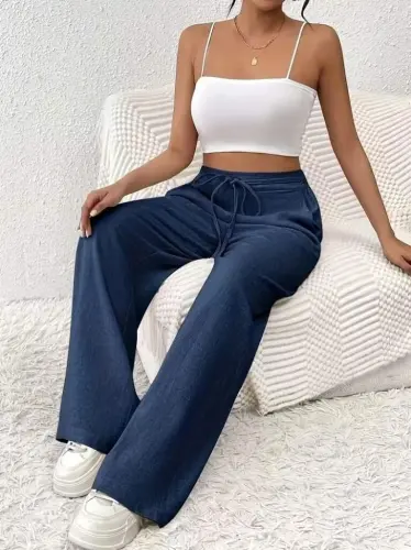 Kadın Yüksek Bel önden Bağlamalı Geniş Kesim Keten Pantolon - BÜYÜKBEDENIZ (1)