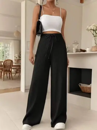 Kadın Yüksek Bel önden Bağlamalı Geniş Kesim Keten Pantolon - 1