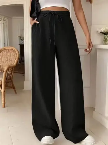 Kadın Yüksek Bel önden Bağlamalı Geniş Kesim Keten Pantolon - 3