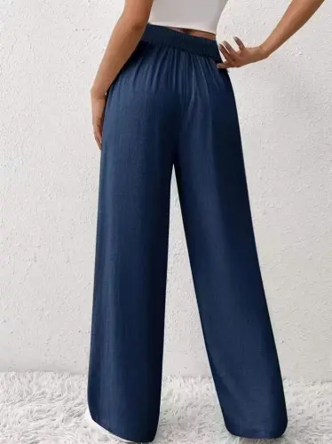 Kadın Yüksek Bel önden Bağlamalı Geniş Kesim Keten Pantolon - 3