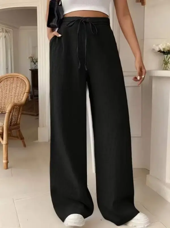 Kadın Yüksek Bel önden Bağlamalı Geniş Kesim Keten Pantolon - 3