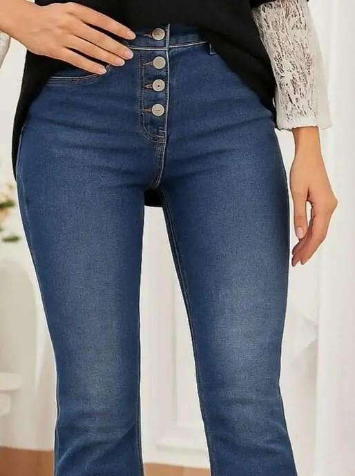 Kadın Yüksek Bel önden Düğmeli Cep Detay Ispanyol Paça Denim Pantolon - 2