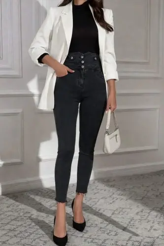 Kadın Yüksek Bel önden Düğmeli Cepli Dar Kesim Detaylı Kot Pantolon - 1