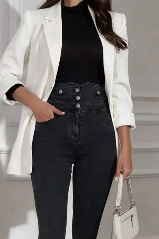 Kadın Yüksek Bel önden Düğmeli Cepli Dar Kesim Detaylı Kot Pantolon - 2