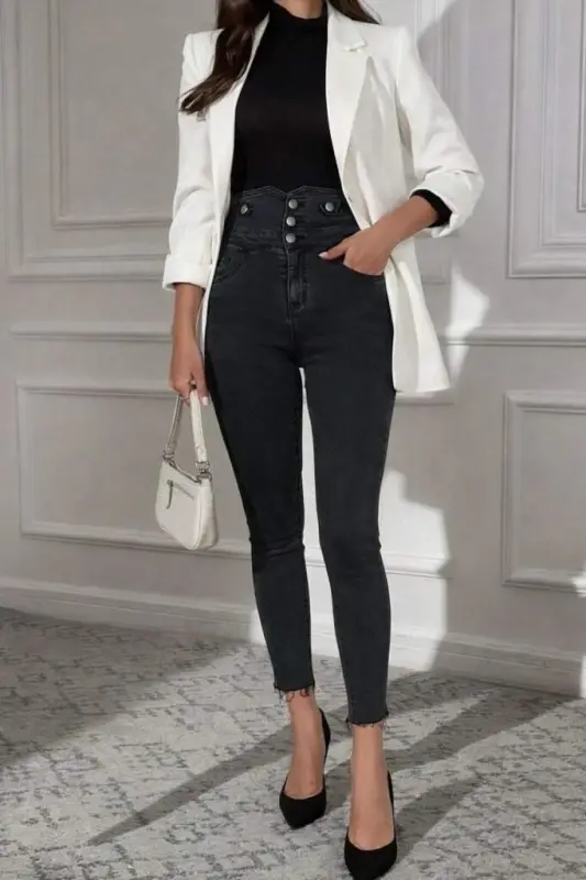 Kadın Yüksek Bel önden Düğmeli Cepli Dar Kesim Detaylı Kot Pantolon - 3