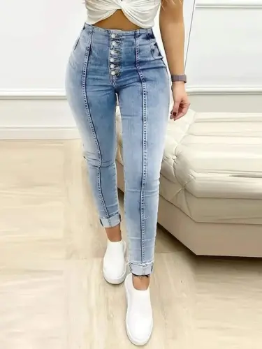 Kadın Yüksek Bel önden Düğmeli Jean Pantolon - 2