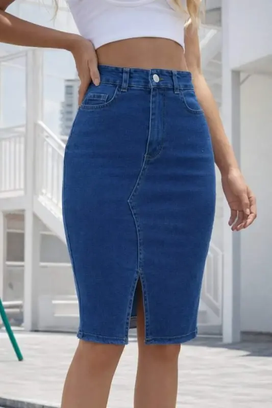 Kadın Yüksek Bel önden Yırtmaçlı Kısa Kot Etek - BÜYÜKBEDENIZ