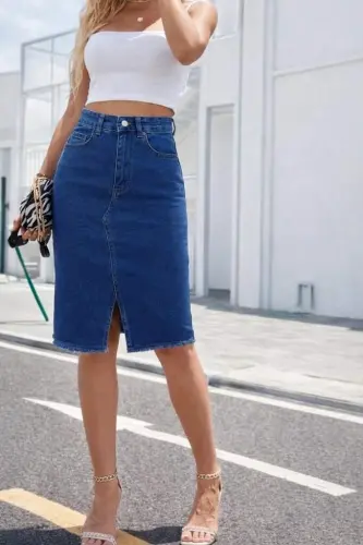 Kadın Yüksek Bel önden Yırtmaçlı Kısa Kot Etek - 3