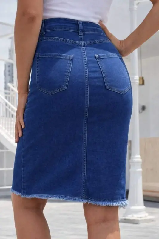 Kadın Yüksek Bel önden Yırtmaçlı Kısa Kot Etek - 4