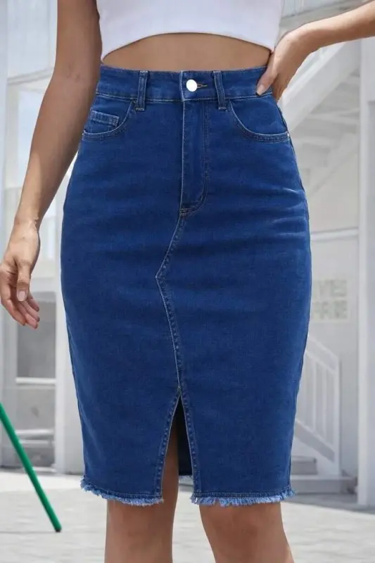 Kadın Yüksek Bel önden Yırtmaçlı Kısa Kot Etek - 2