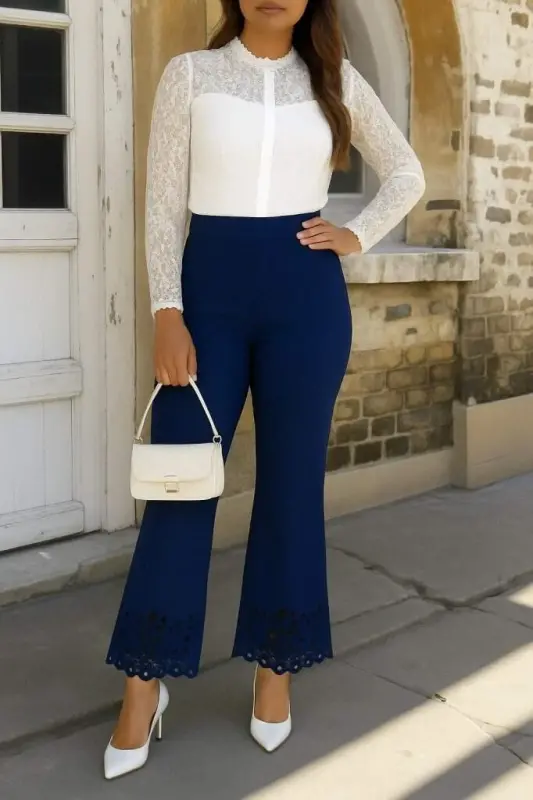 Kadın Yüksek Bel Paçaya Doğru Genişleyen Lazer çiçek Kesim Detaylı Ithal Krep Pantolon - 1