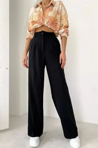 Kadın Yüksek Bel Pileli Palazzo Pantolon - 4